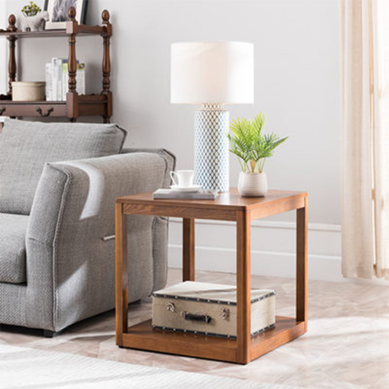 Farmhouse Wood Square Side Table Two-Tier Sofa End Table for Living Room