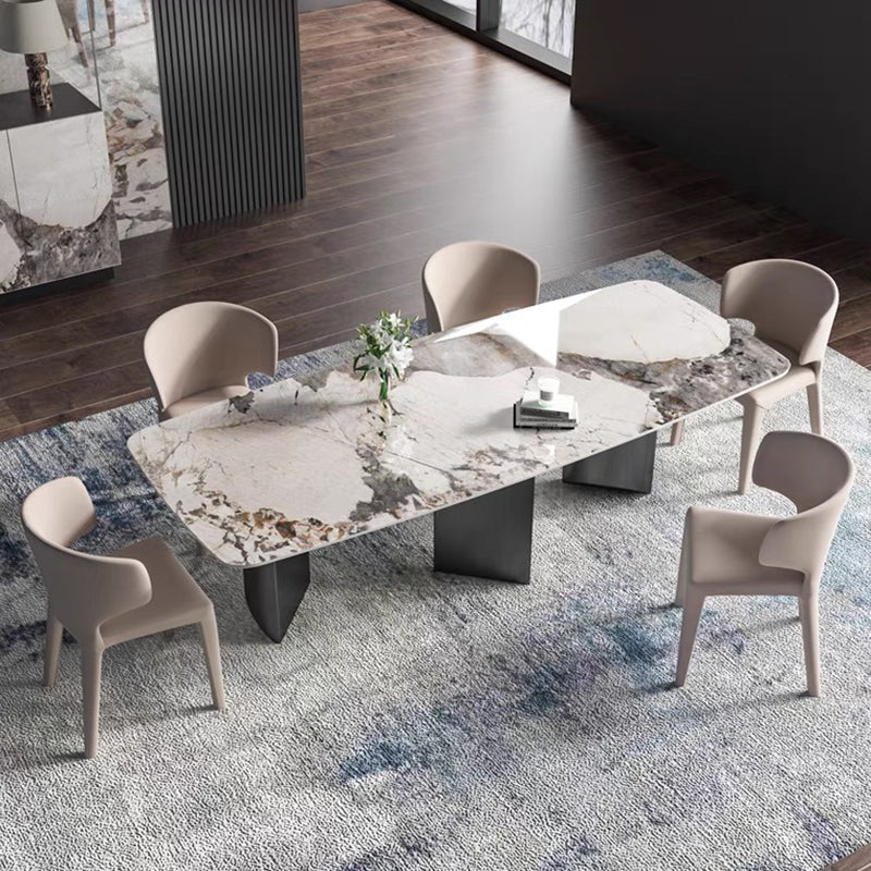 Rectangle Dining Table Sintered Stone Top Modern White Table with Black Legs