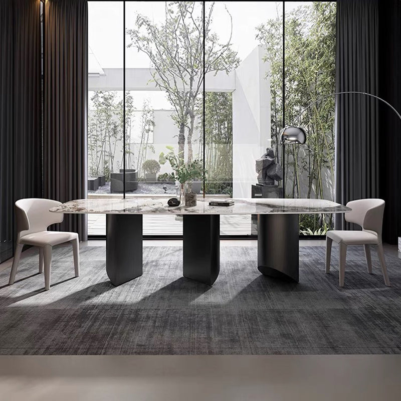 Rectangle Dining Table Sintered Stone Top Modern White Table with Black Legs