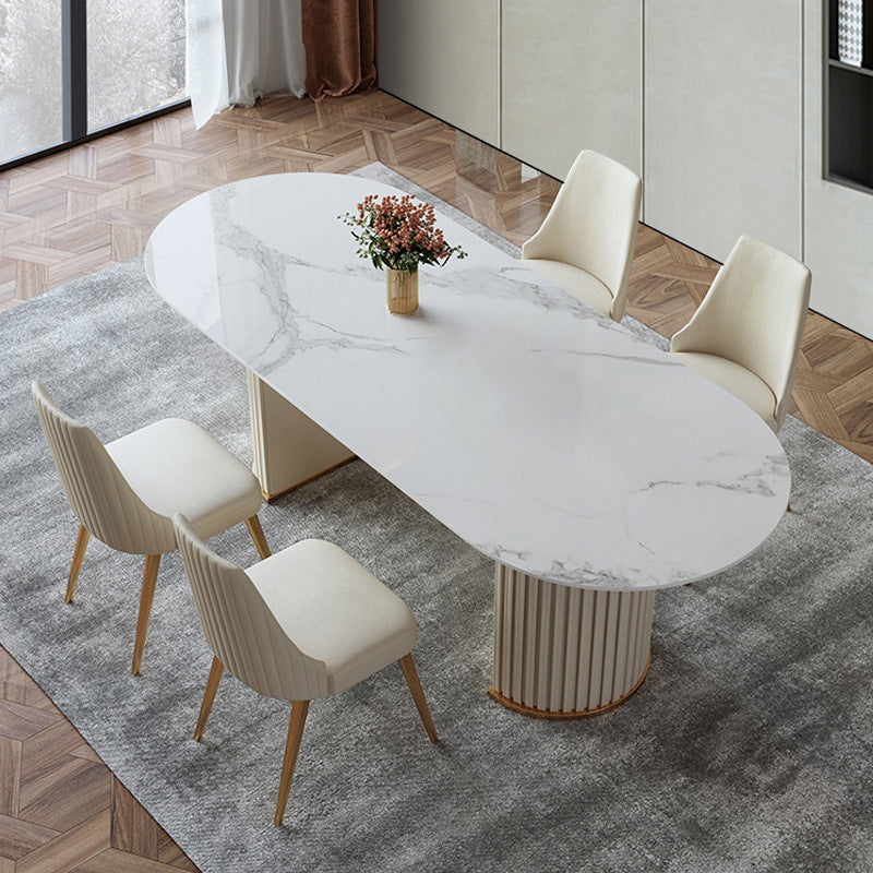 Contemporary White Oval DiningTable Sintered Stone Top Double Pedestal Table