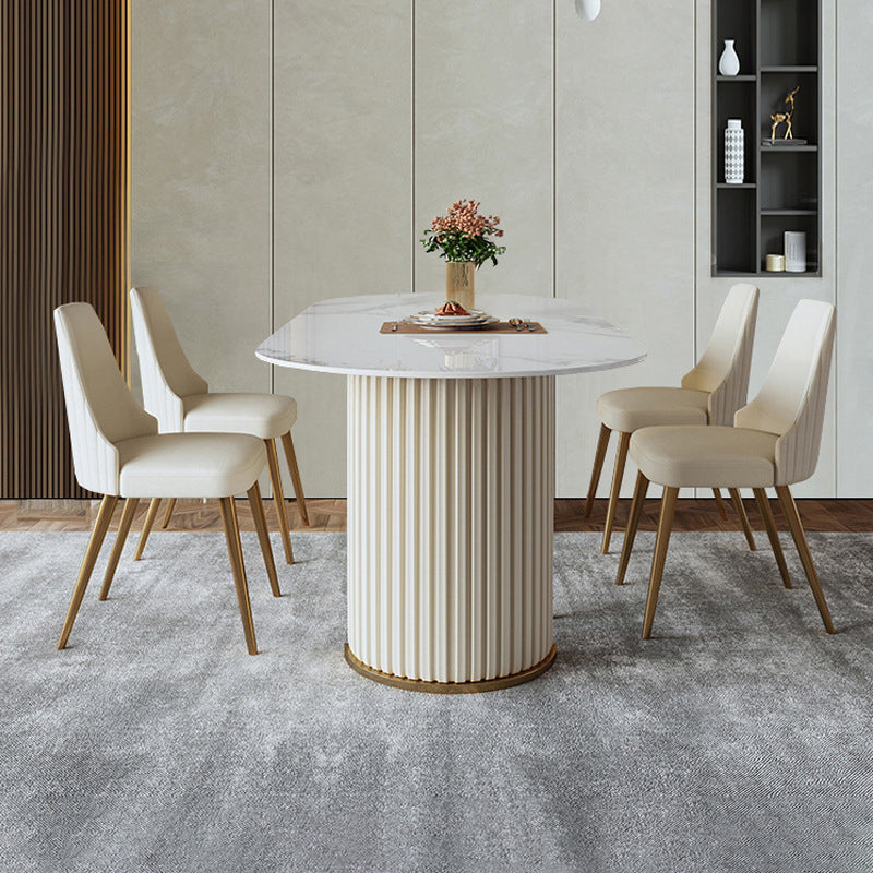 Contemporary White Oval DiningTable Sintered Stone Top Double Pedestal Table