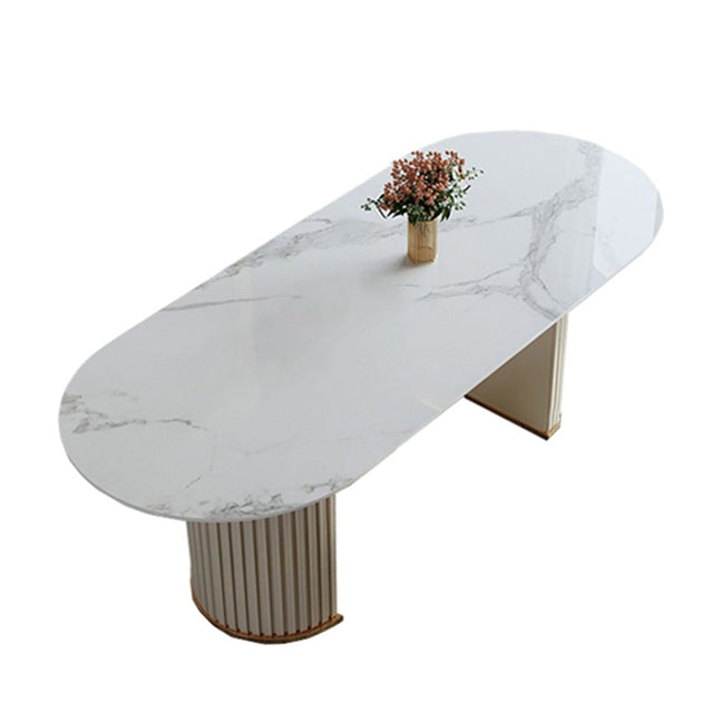 Contemporary White Oval DiningTable Sintered Stone Top Double Pedestal Table