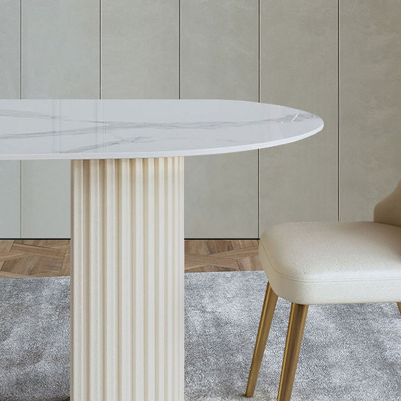 Contemporary White Oval DiningTable Sintered Stone Top Double Pedestal Table