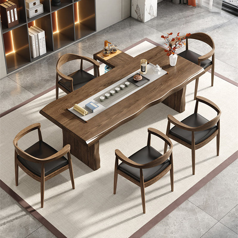 Modern Double Pedestal Dining Table Solid Wood Dining Room Kitchen Table in Brown