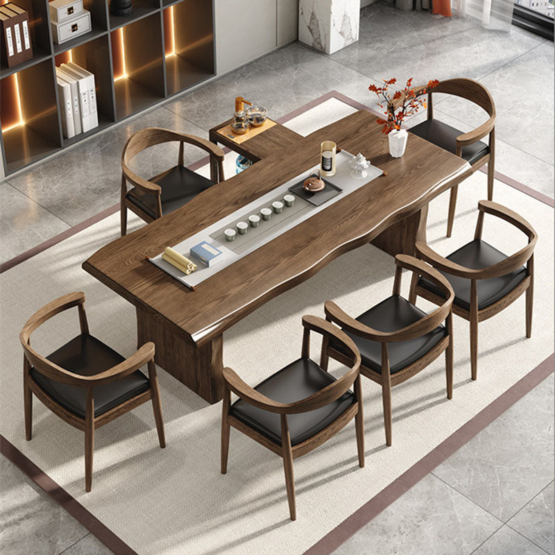 Modern Double Pedestal Dining Table Solid Wood Dining Room Kitchen Table in Brown