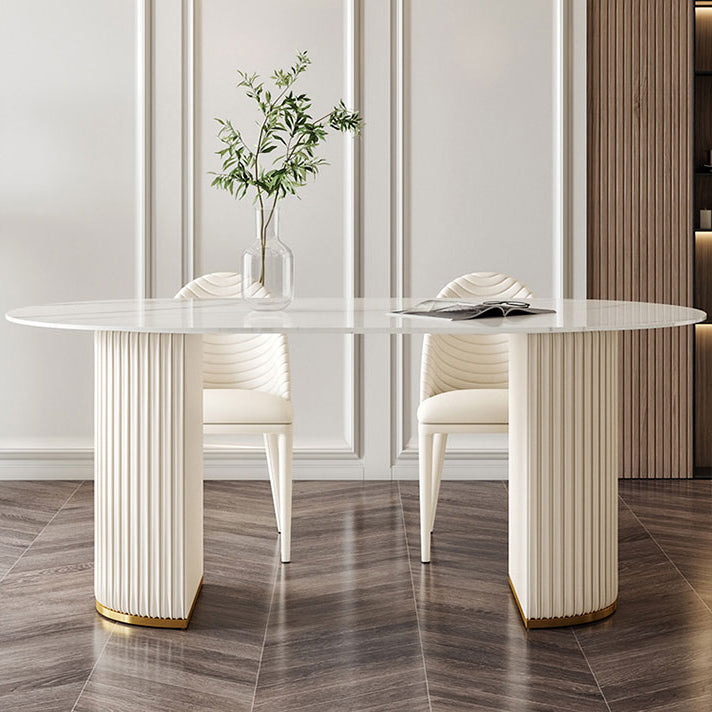 Contemporary Oval Table Sintered Stone Top Double Pedestal Dining Table