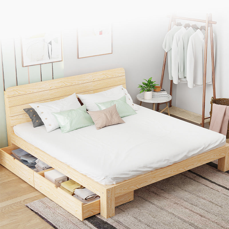 Solid Wood Storage Panel Bed with Headboard Bed with Drawers