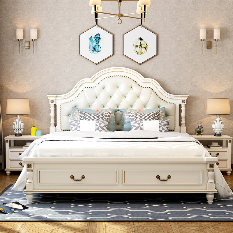 Victorian White Wooden Bed with Camelback Headboard and Nailhead Trim