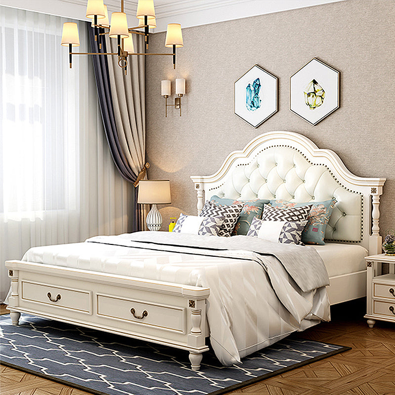 Victorian White Wooden Bed with Camelback Headboard and Nailhead Trim