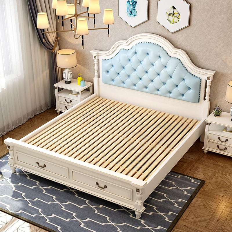 Victorian White Wooden Bed with Camelback Headboard and Nailhead Trim
