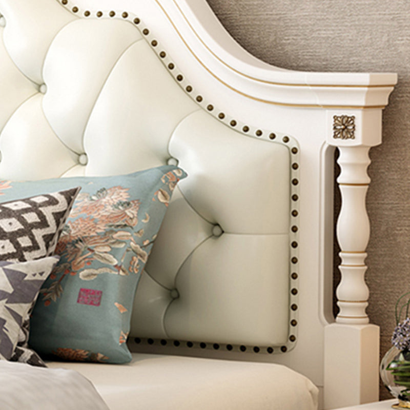 Victorian White Wooden Bed with Camelback Headboard and Nailhead Trim