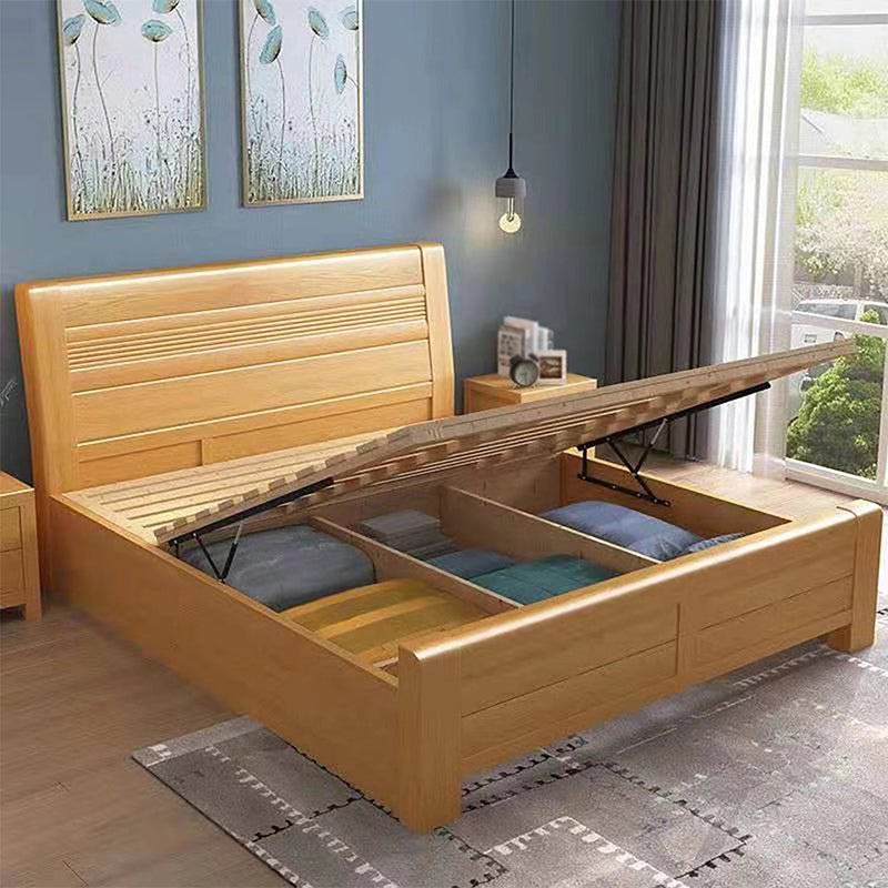 Scandinavian Natural Wooden Sleigh Bed with Rectangular Headboard