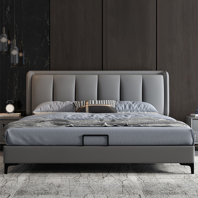 Grey Rectangular Headboard Standard Bed with Wooden Legs Bed