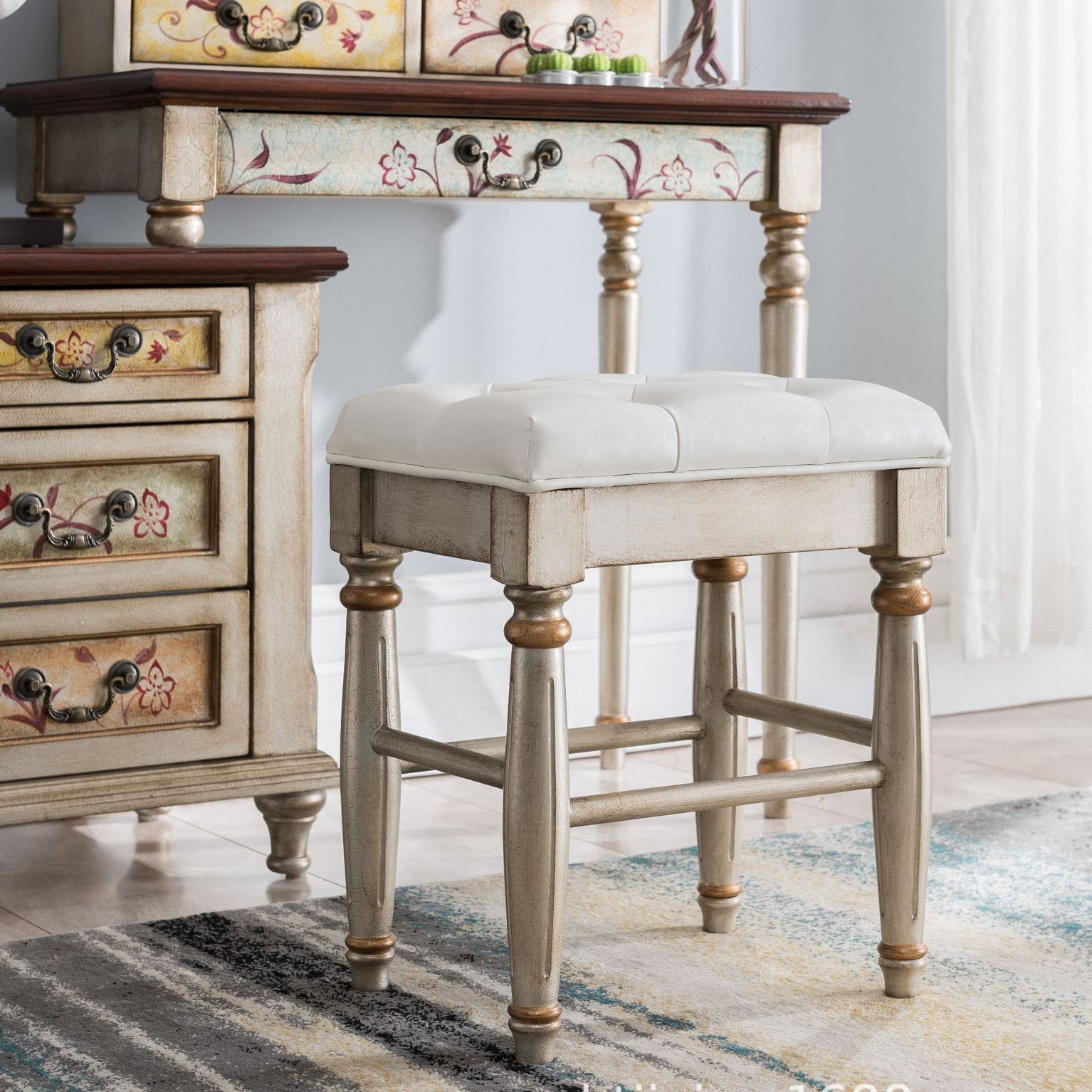 Victorian Wood Vanity and Stool Dressing Table with Storage Drawers