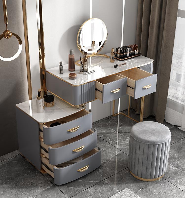 Solid Wood Drawers Vanity Set with Stone Top & Padded Stool in Grey