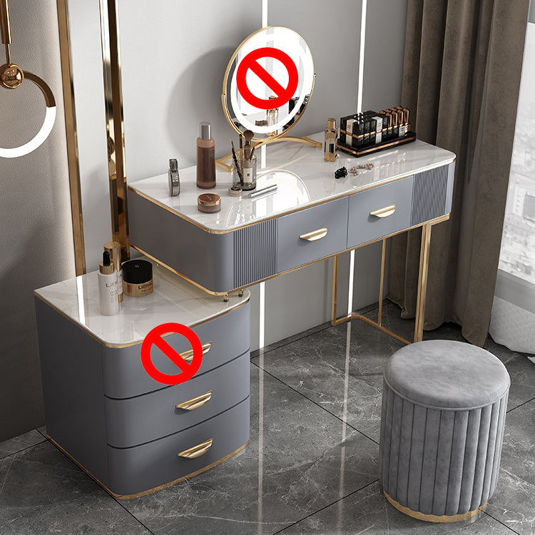 Solid Wood Drawers Vanity Set with Stone Top & Padded Stool in Grey