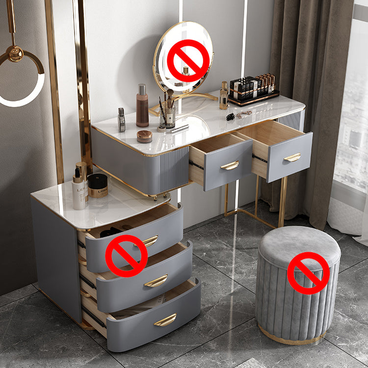 Solid Wood Drawers Vanity Set with Stone Top & Padded Stool in Grey