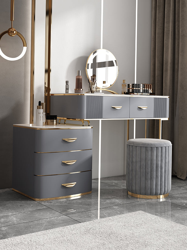 Solid Wood Drawers Vanity Set with Stone Top & Padded Stool in Grey