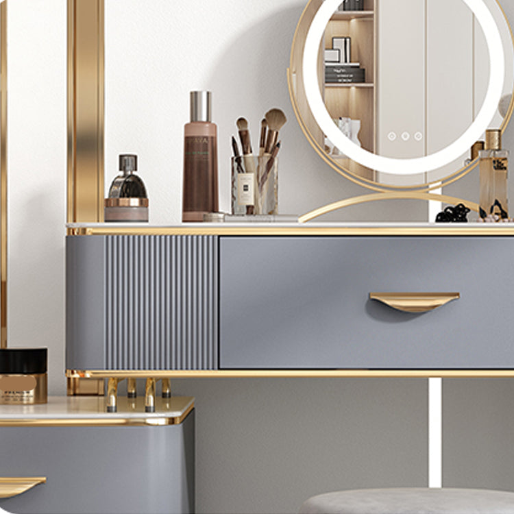Solid Wood Drawers Vanity Set with Stone Top & Padded Stool in Grey