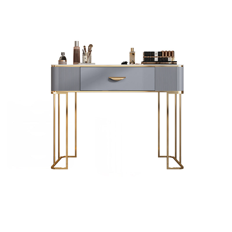 Solid Wood Drawers Vanity Set with Stone Top & Padded Stool in Grey