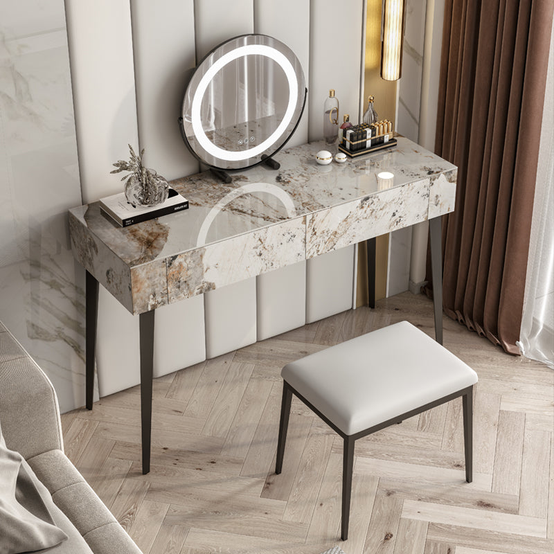 Stone Top Dressing Table Stool Set Black Vanity with Wood Drawers