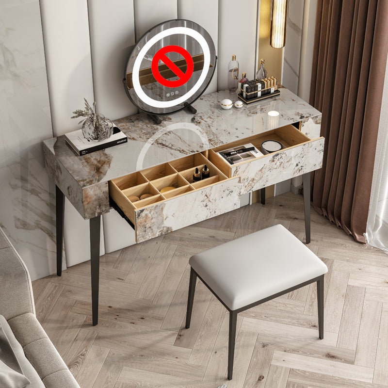 Stone Top Dressing Table Stool Set Black Vanity with Wood Drawers