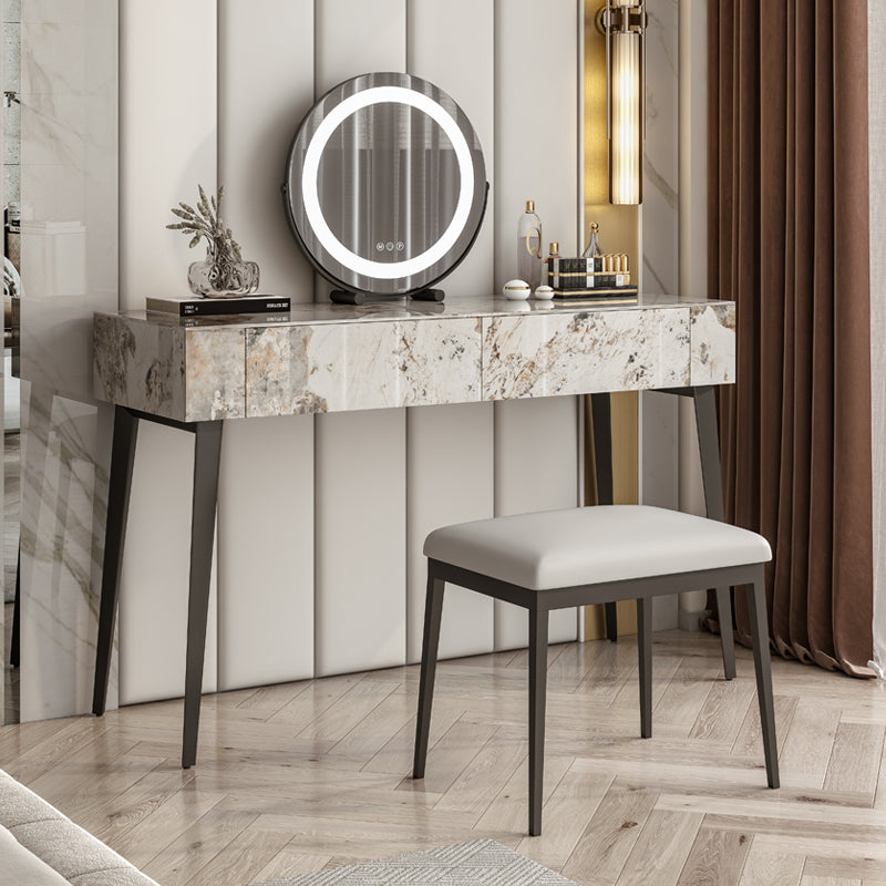 Stone Top Dressing Table Stool Set Black Vanity with Wood Drawers