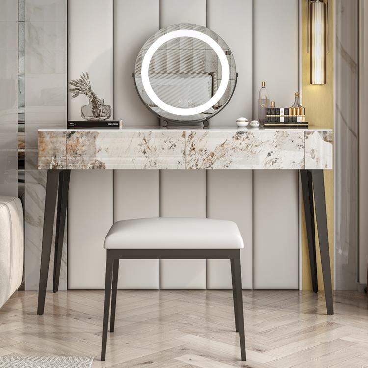 Stone Top Dressing Table Stool Set Black Vanity with Wood Drawers