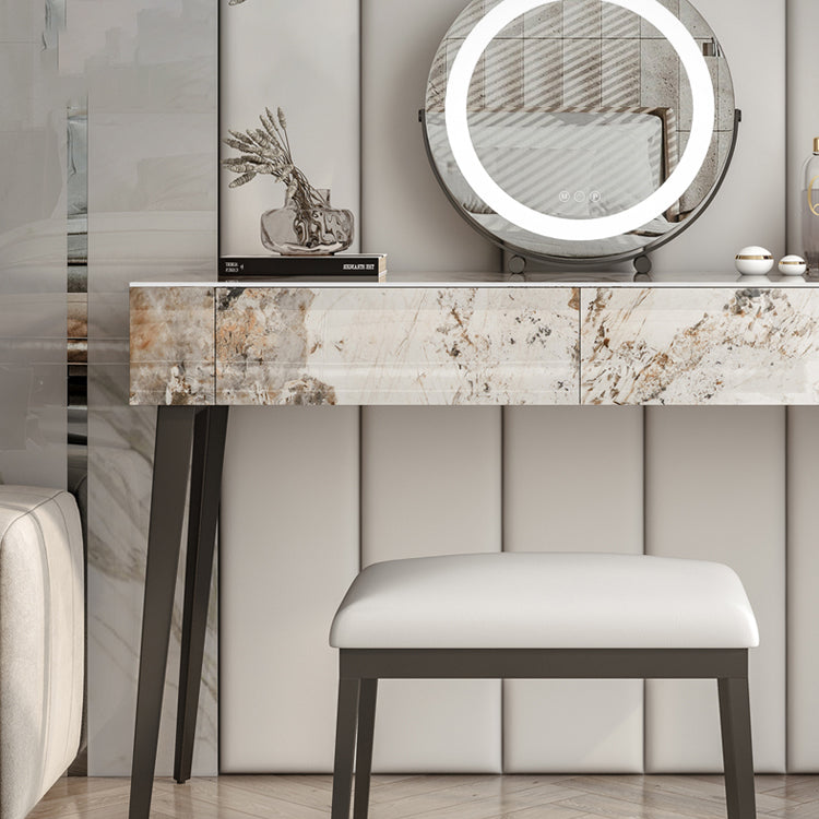 Stone Top Dressing Table Stool Set Black Vanity with Wood Drawers
