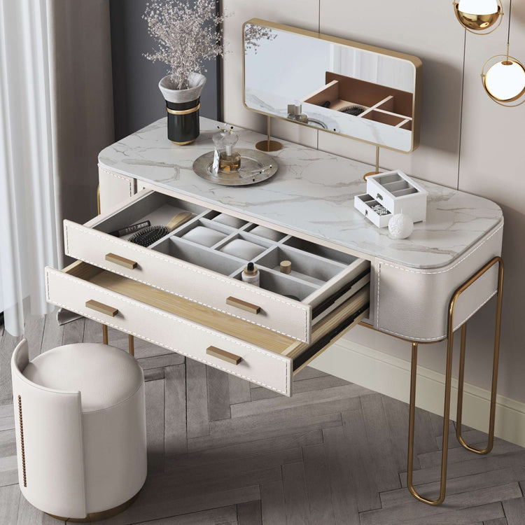 31.9" H Two Drawers Vanity Mirrored Table Dressing Table in Beige