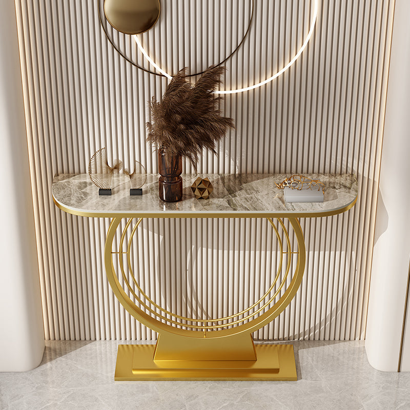 11.8" Wide Stone Console Table Scratch Table with Gold Ironcraft Frame