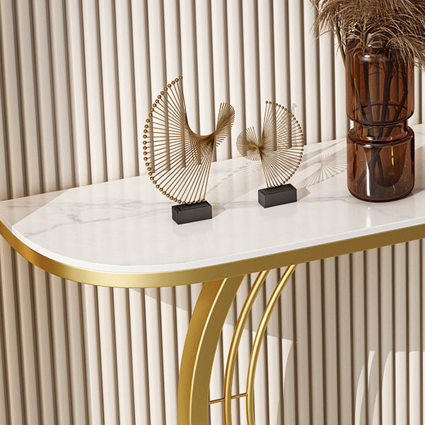 11.8" Wide Stone Console Table Scratch Table with Gold Ironcraft Frame