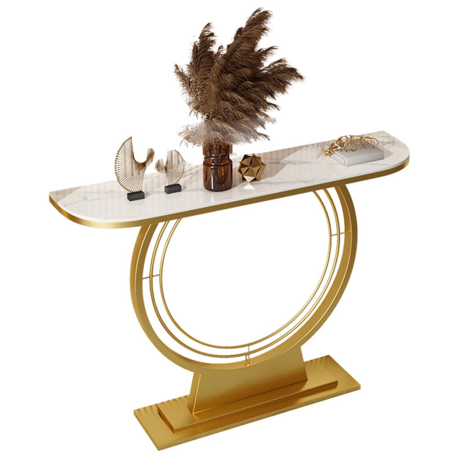 11.8" Wide Stone Console Table Scratch Table with Gold Ironcraft Frame