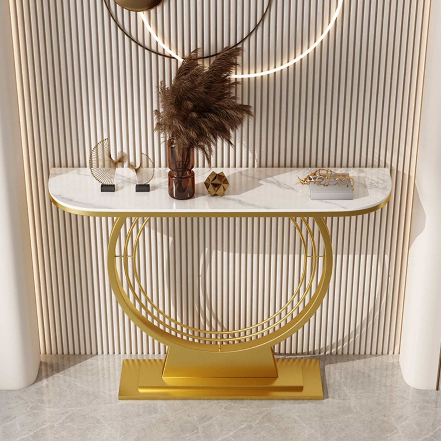11.8" Wide Stone Console Table Scratch Table with Gold Ironcraft Frame