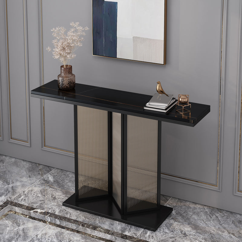 Glam Style Stone Top Console Table with Iron Pedestal Base and Glass