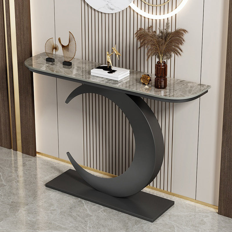 Stain Resistant Console Table with Iron Pedestal Base and Stone Top