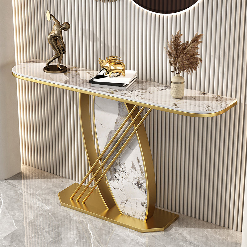 Stone Half Moon Accent Table with Iron Pedestal Base for Hall