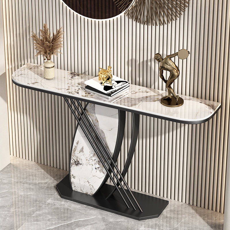 Stone Half Moon Accent Table with Iron Pedestal Base for Hall