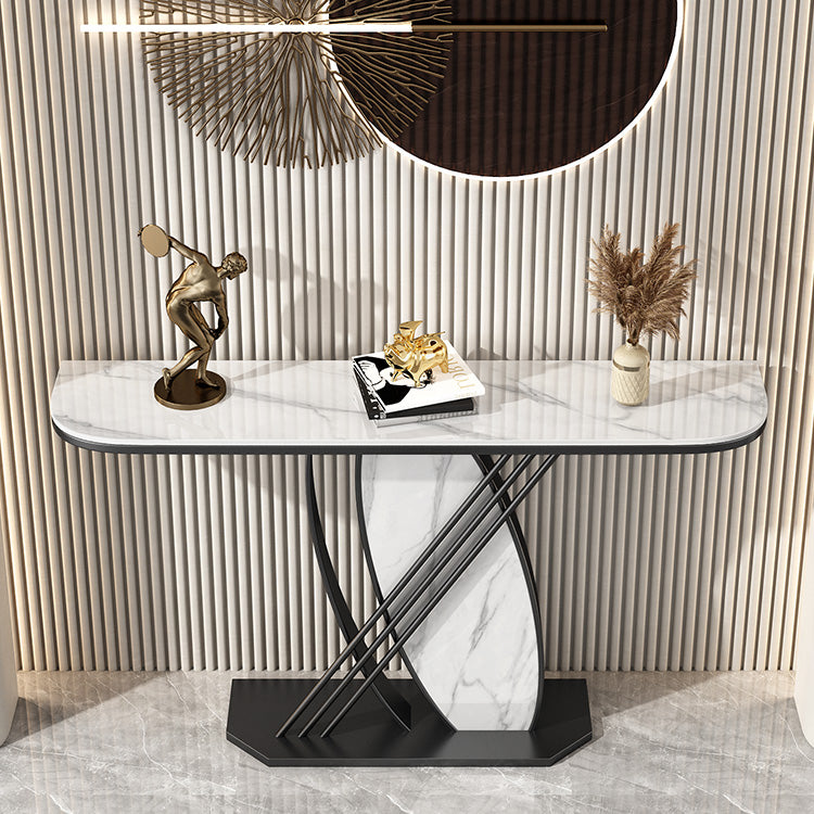 Stone Half Moon Accent Table with Iron Pedestal Base for Hall