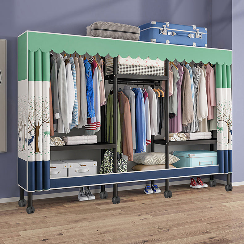 Black Steel Frame Wardrobe Modern Style Wardrobe Armoire with Caster Wheels