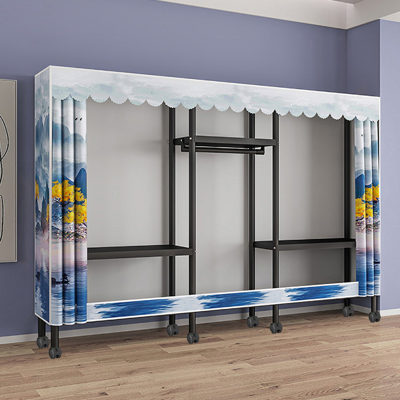 Black Steel Frame Wardrobe Modern Style Wardrobe Armoire with Caster Wheels