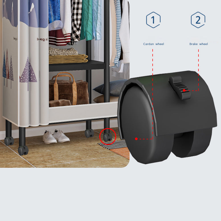 Black Steel Frame Wardrobe Modern Style Wardrobe Armoire with Caster Wheels