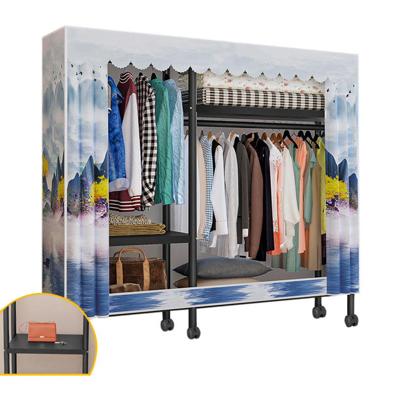 Black Steel Frame Wardrobe Modern Style Wardrobe Armoire with Caster Wheels