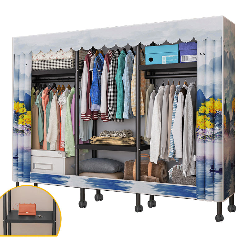 Black Steel Frame Wardrobe Modern Style Wardrobe Armoire with Caster Wheels