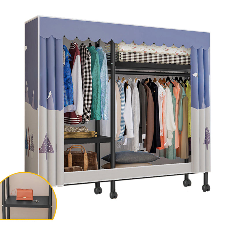 Black Steel Frame Wardrobe Modern Style Wardrobe Armoire with Caster Wheels