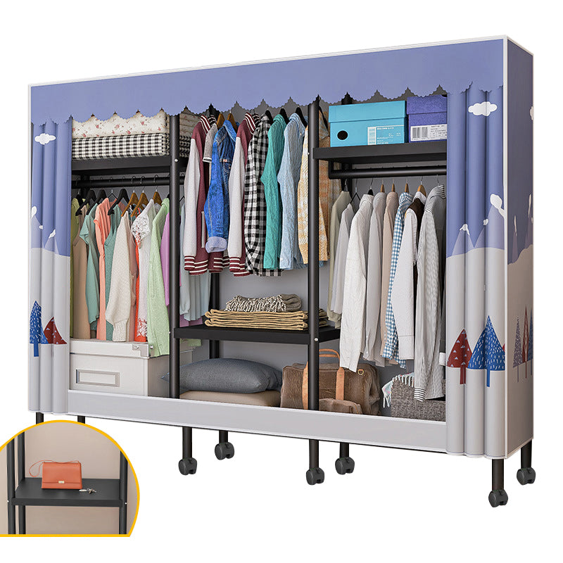 Black Steel Frame Wardrobe Modern Style Wardrobe Armoire with Caster Wheels