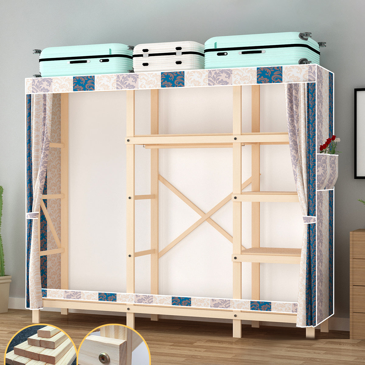 Contemporary Style Wardrobe Pine Solid Wood Wardrobe Closet with Legs