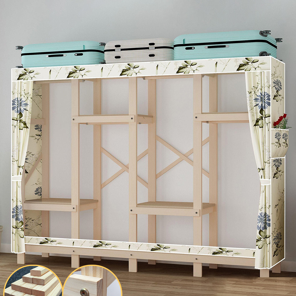 Contemporary Style Wardrobe Pine Solid Wood Wardrobe Closet with Legs