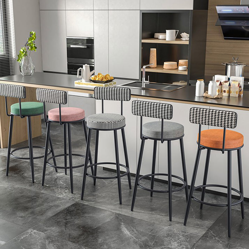 Fabric Round Seat Counter Stool Scandinavian Low Back Barstool with 4 Black Iron Legs