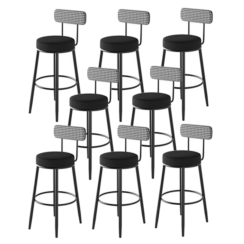 Fabric Round Seat Counter Stool Scandinavian Low Back Barstool with 4 Black Iron Legs